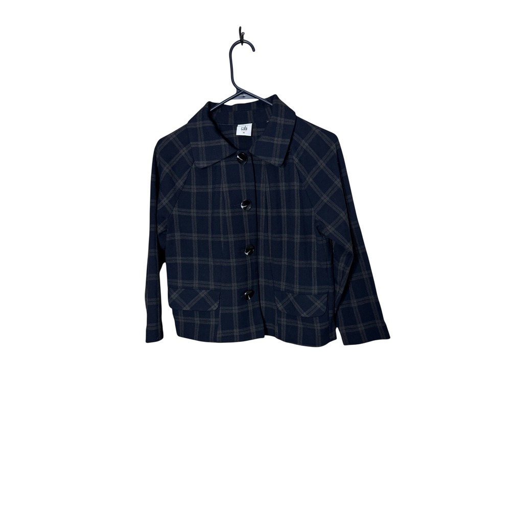 Cabi Navy Blue Plaid Button Front Jacket Womens XS Raglan Sleeve Collared